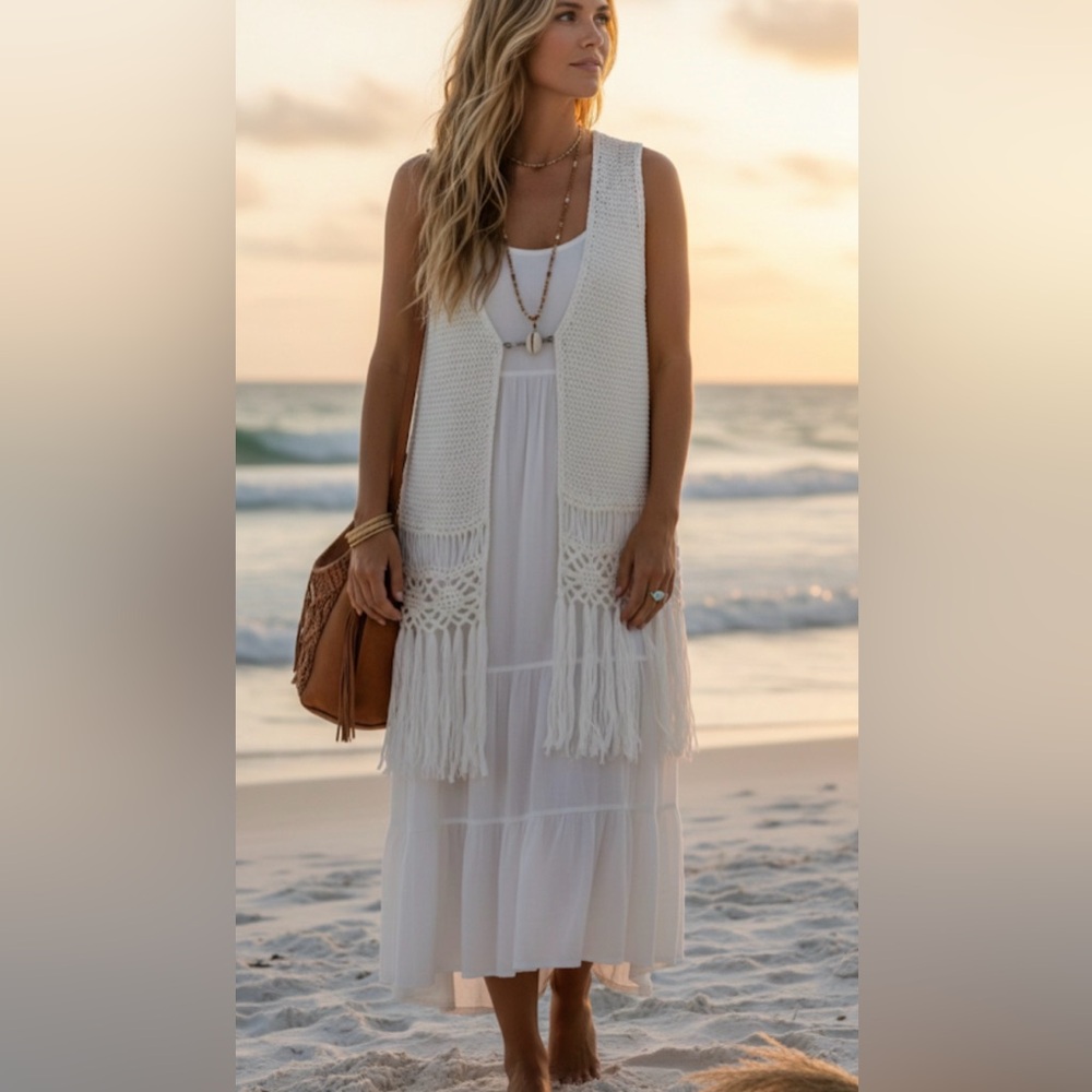 Roommates nwot cream crochet Vest fringed coastal western boho L beach angelcore
